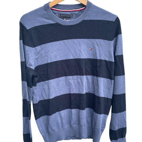 Tommy Hilfiger Blue Black Striped Sweater Mens Medium New Tags - Picture 1 of 3